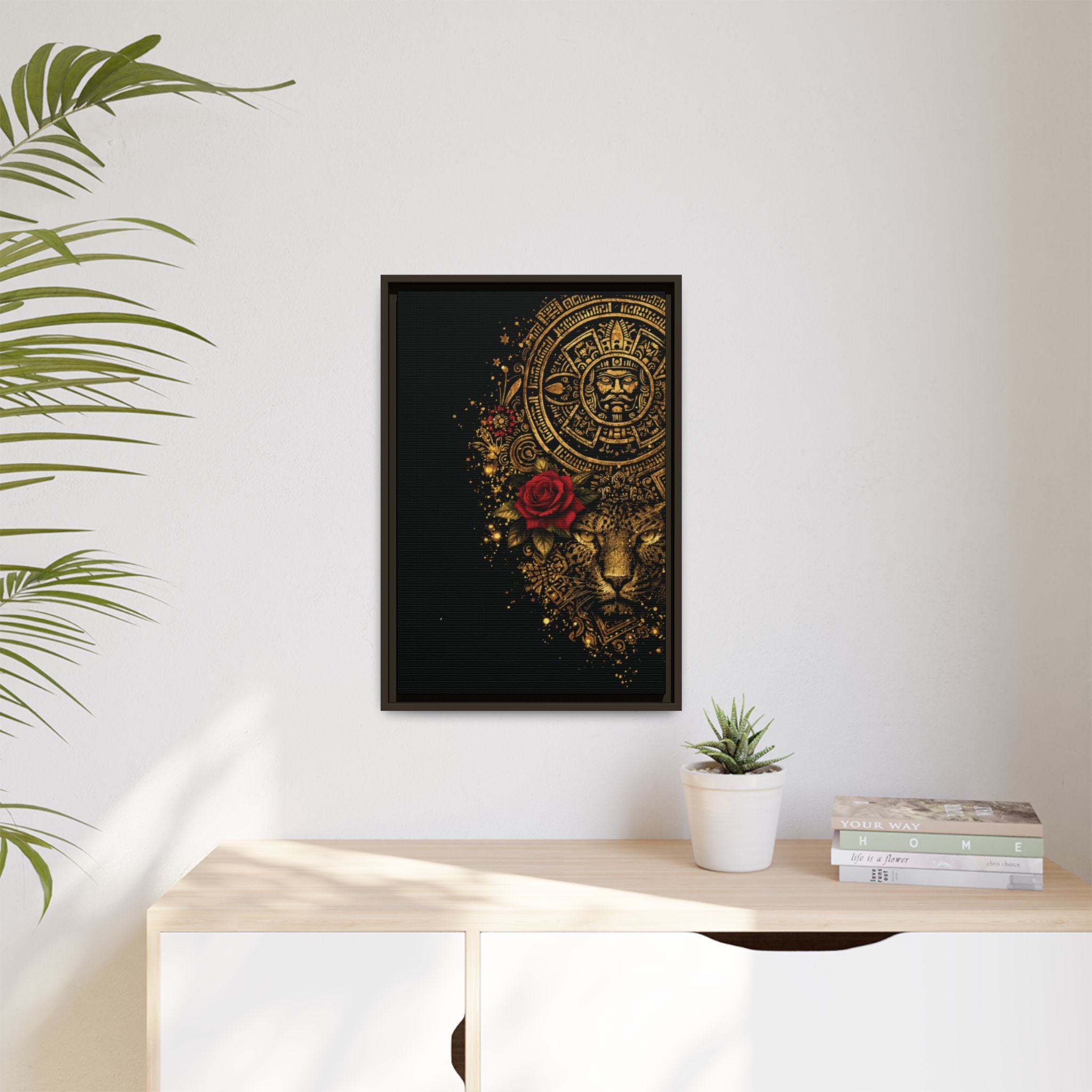 Reina Azteca Art Print — Framed Matte Canvas with Red Rose