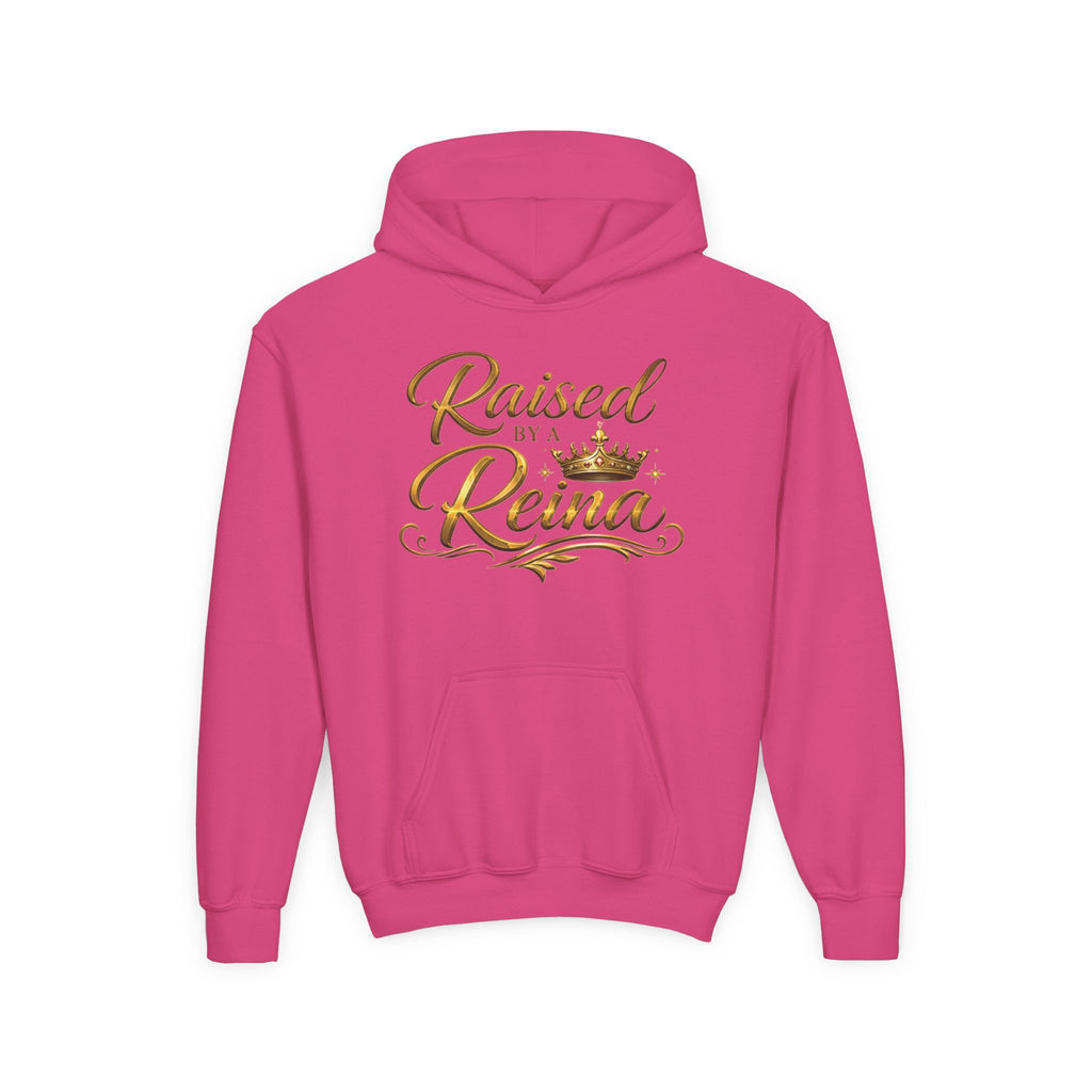 Youth Hoodie — "Raised by a Reina" Gold Script Kids Sweatshirt