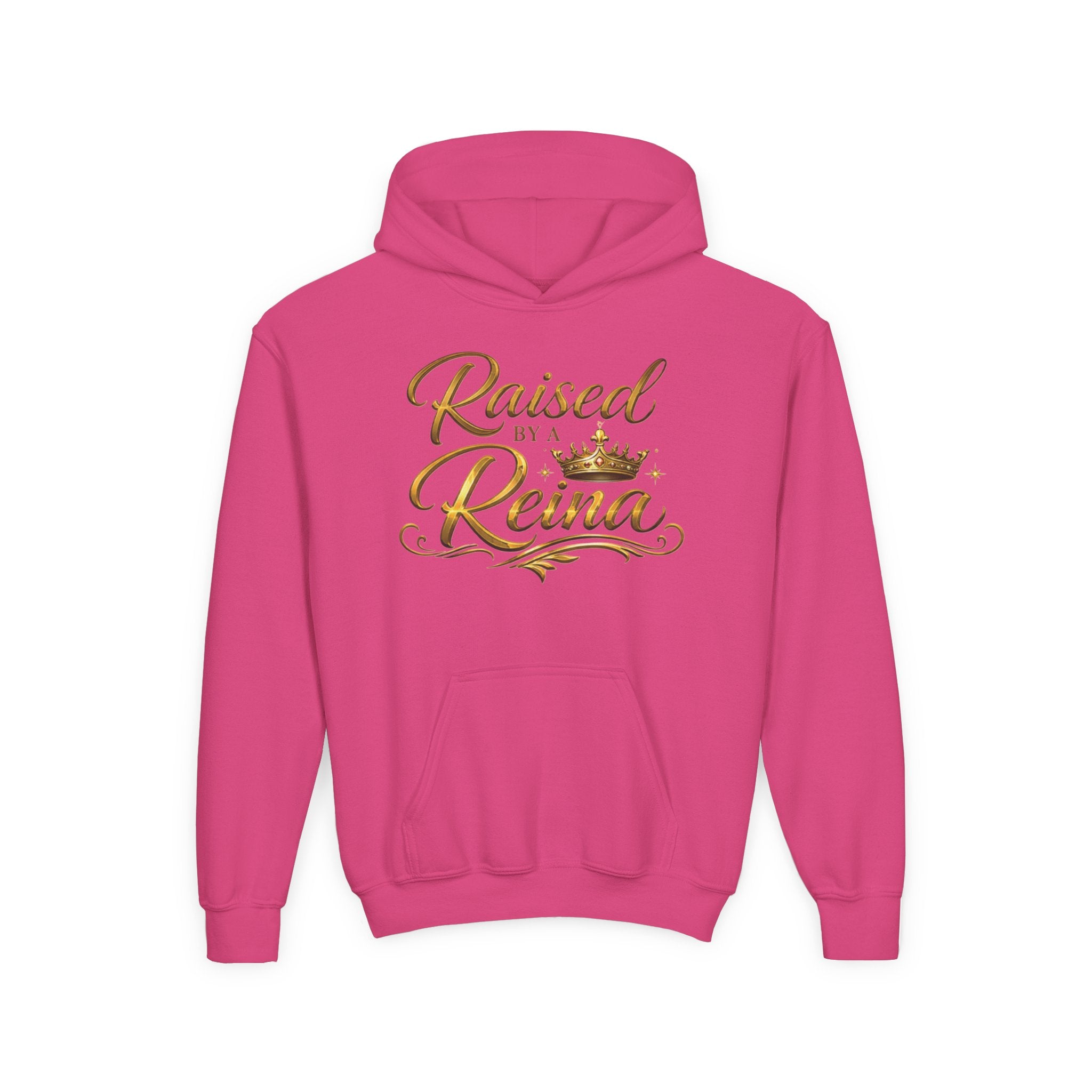 Youth Hoodie — "Raised by a Reina" Gold Script Kids Sweatshirt