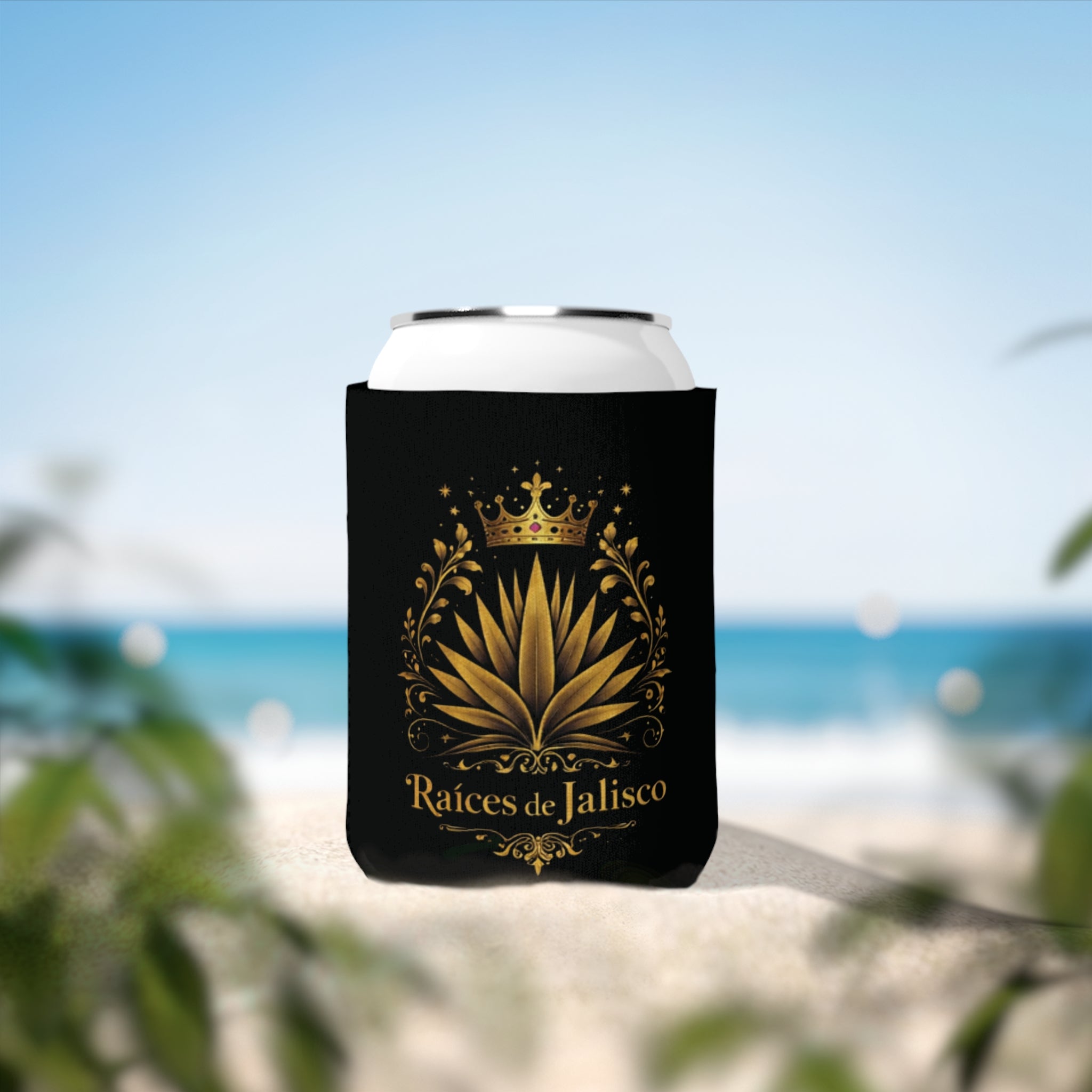 Can Cooler — Raíces de Jalisco Gold Agave Crown Design