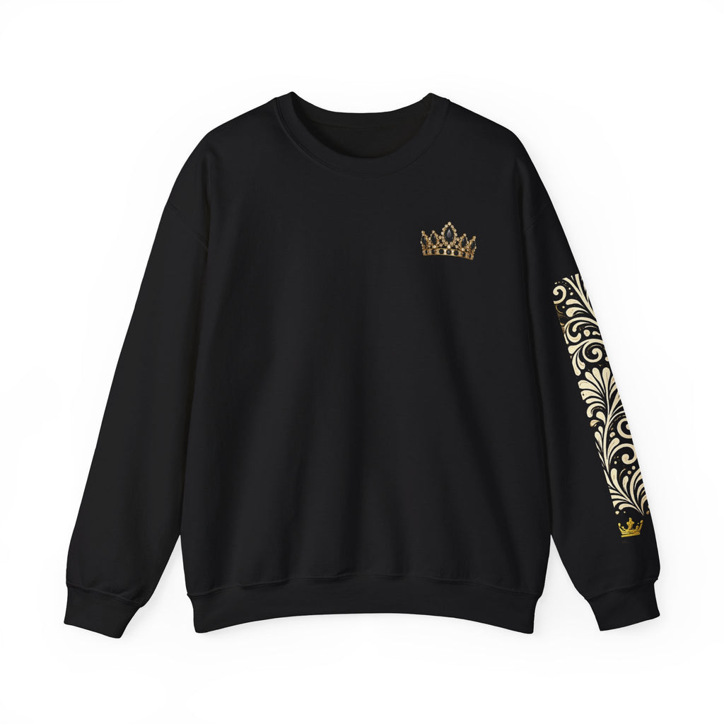Goddess Era Crown sweatshirt |Black crewneck with gold crown and Talavera sleeve