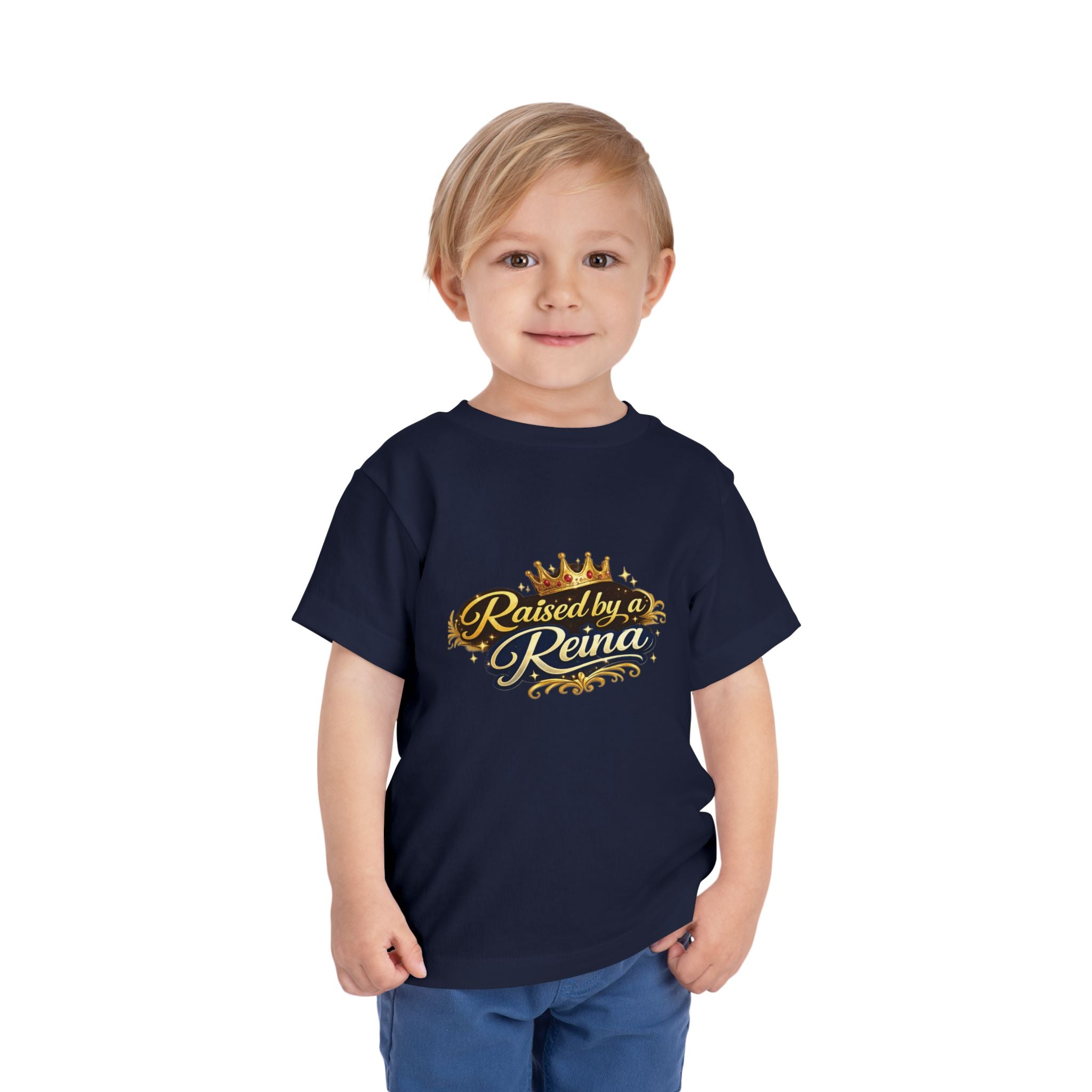 Toddler Tee – "Raised by a Reina" Gold Crown Design