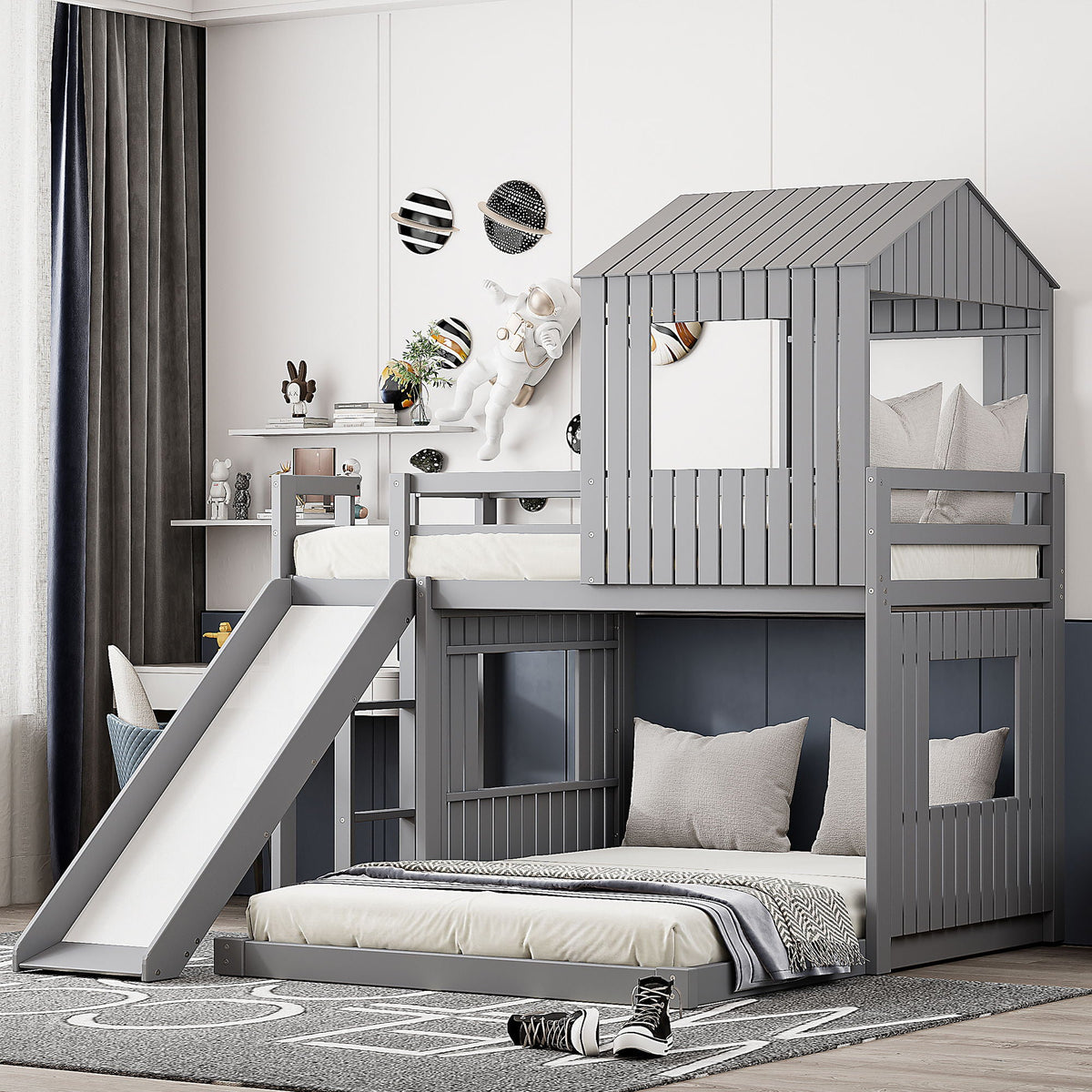 Loft Bunk Bed With Playhouse, Slide, and Guardrails - Twin Over Full