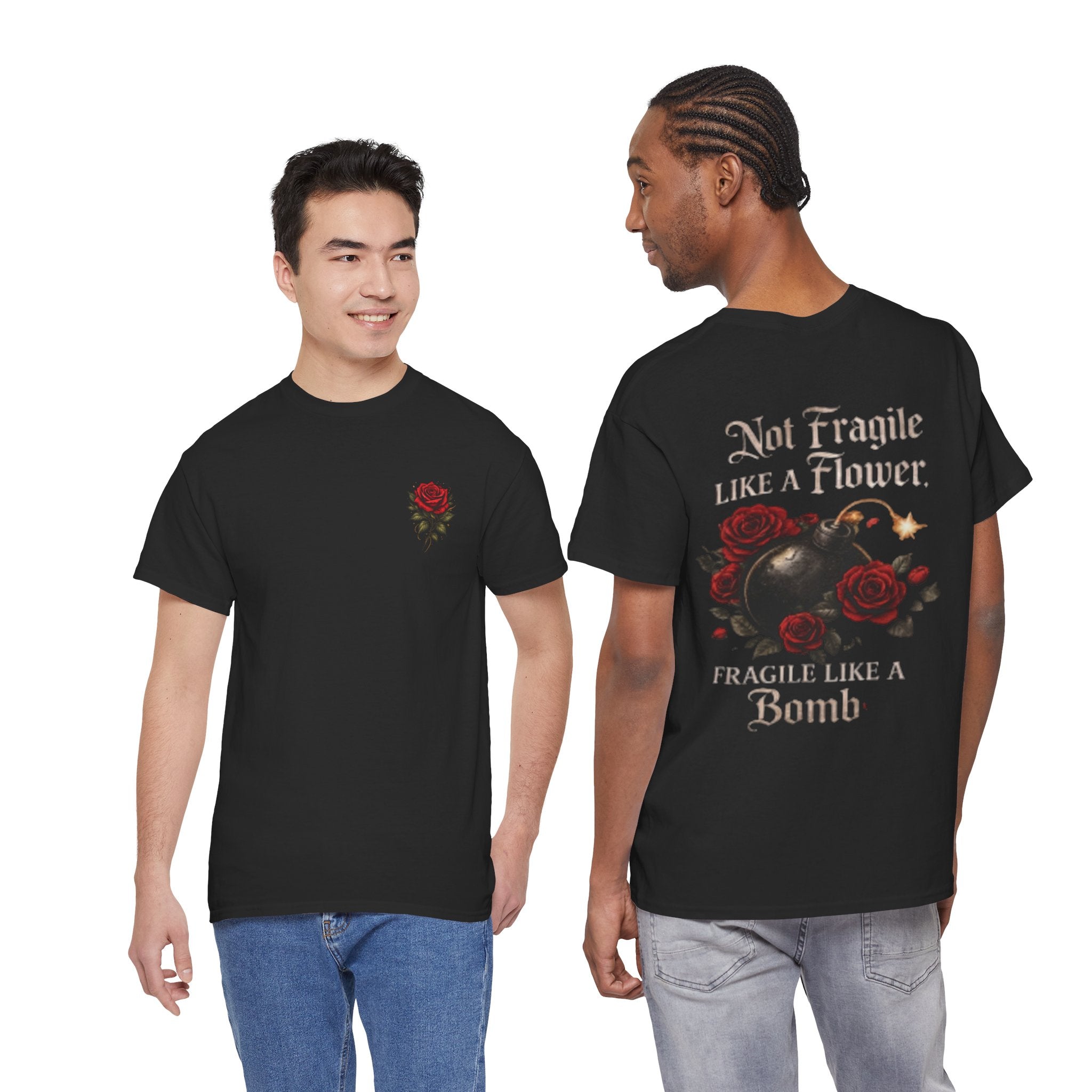 T‑Shirt — “Not Fragile Like a Flower, Fragile Like a Bomb” Rose & Bomb Graphic Tee