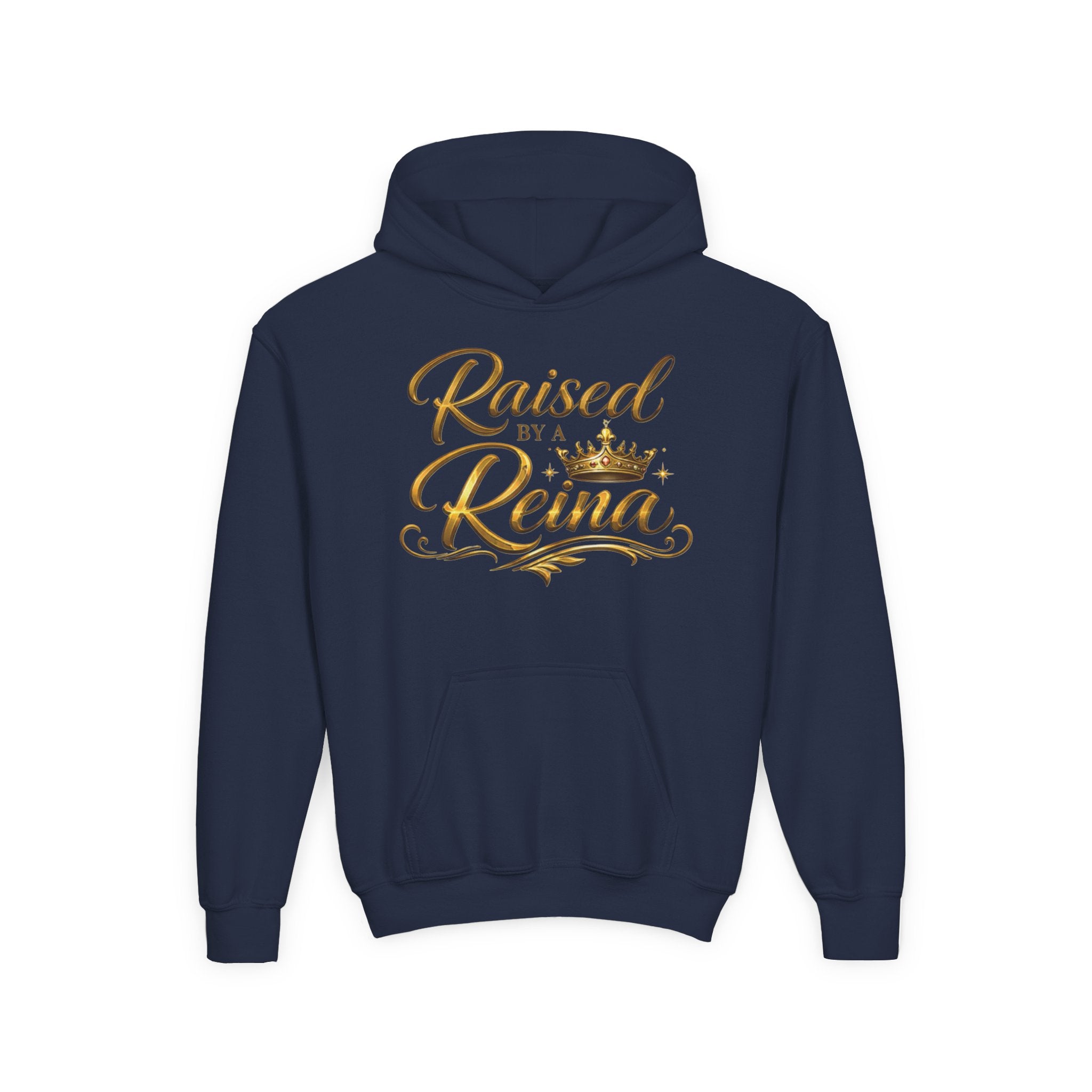 Raised by a Reina Hoodie | Gold Script Crown Youth Hoodie