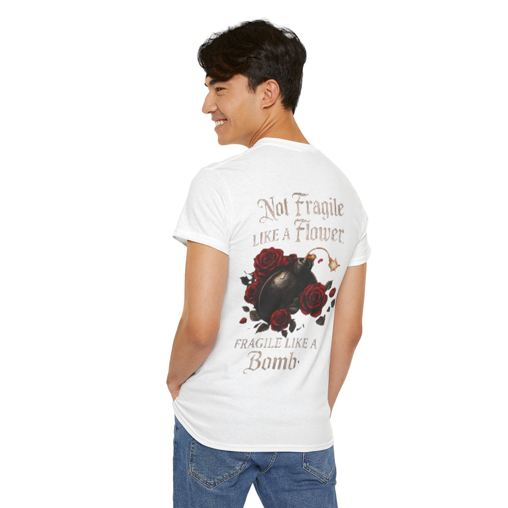 T‑Shirt — “Not Fragile Like a Flower, Fragile Like a Bomb” Rose & Bomb Graphic Tee