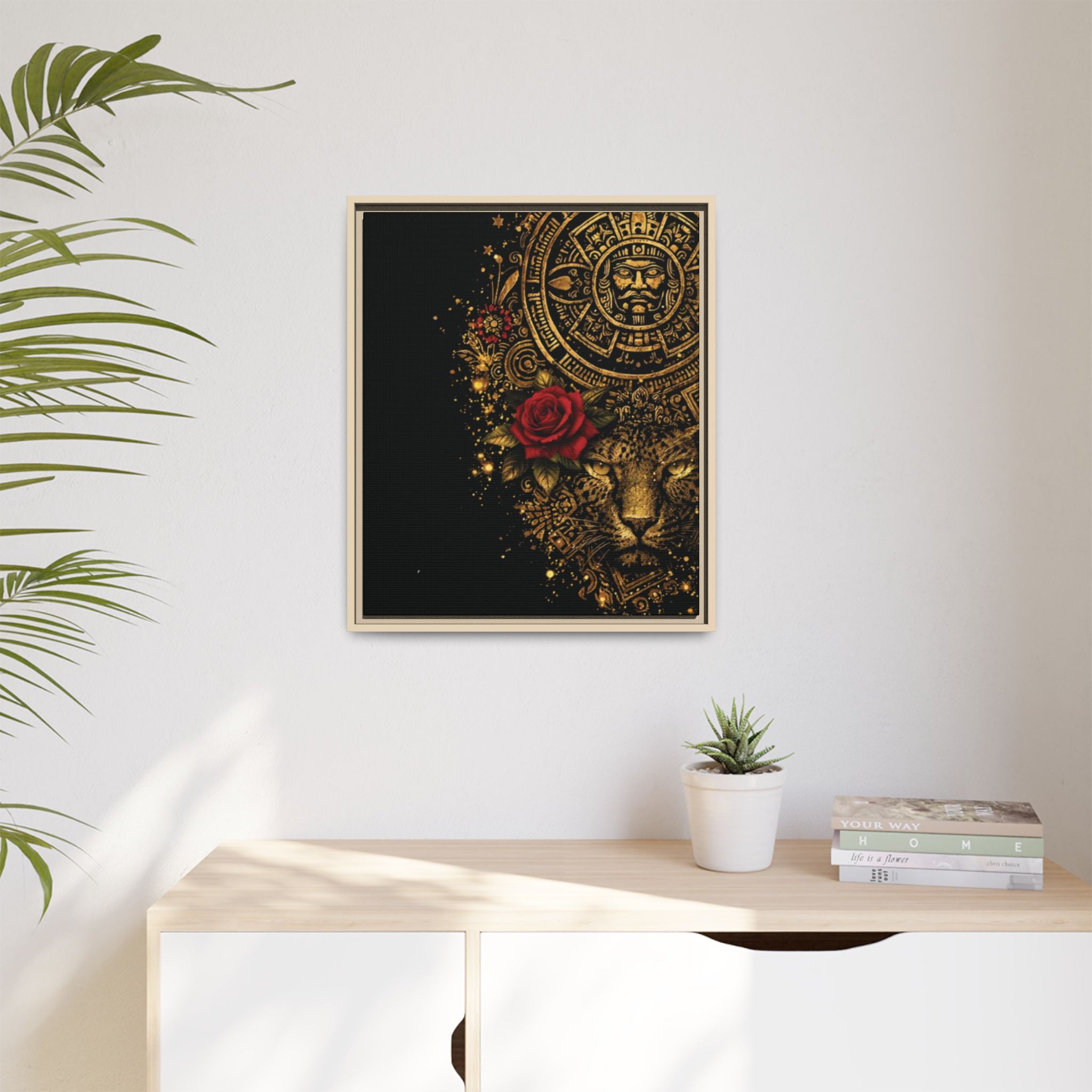 Reina Azteca Art Print — Framed Matte Canvas with Red Rose