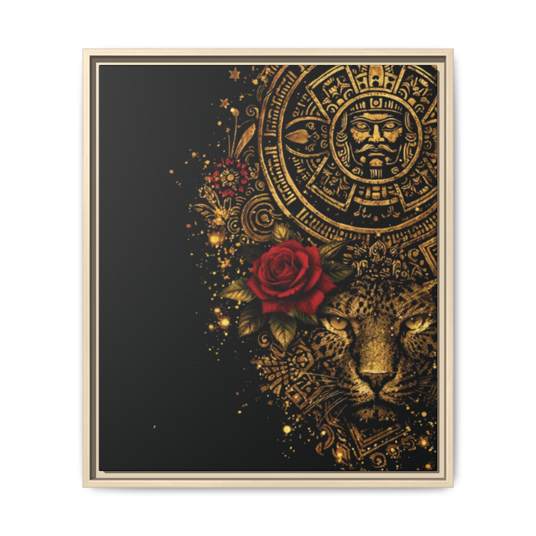 Reina Azteca Art Print — Framed Matte Canvas with Red Rose