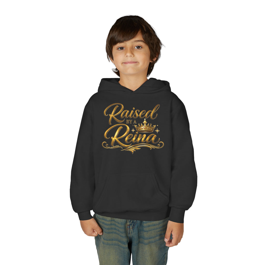 Youth Hoodie — "Raised by a Reina" Gold Script Kids Sweatshirt