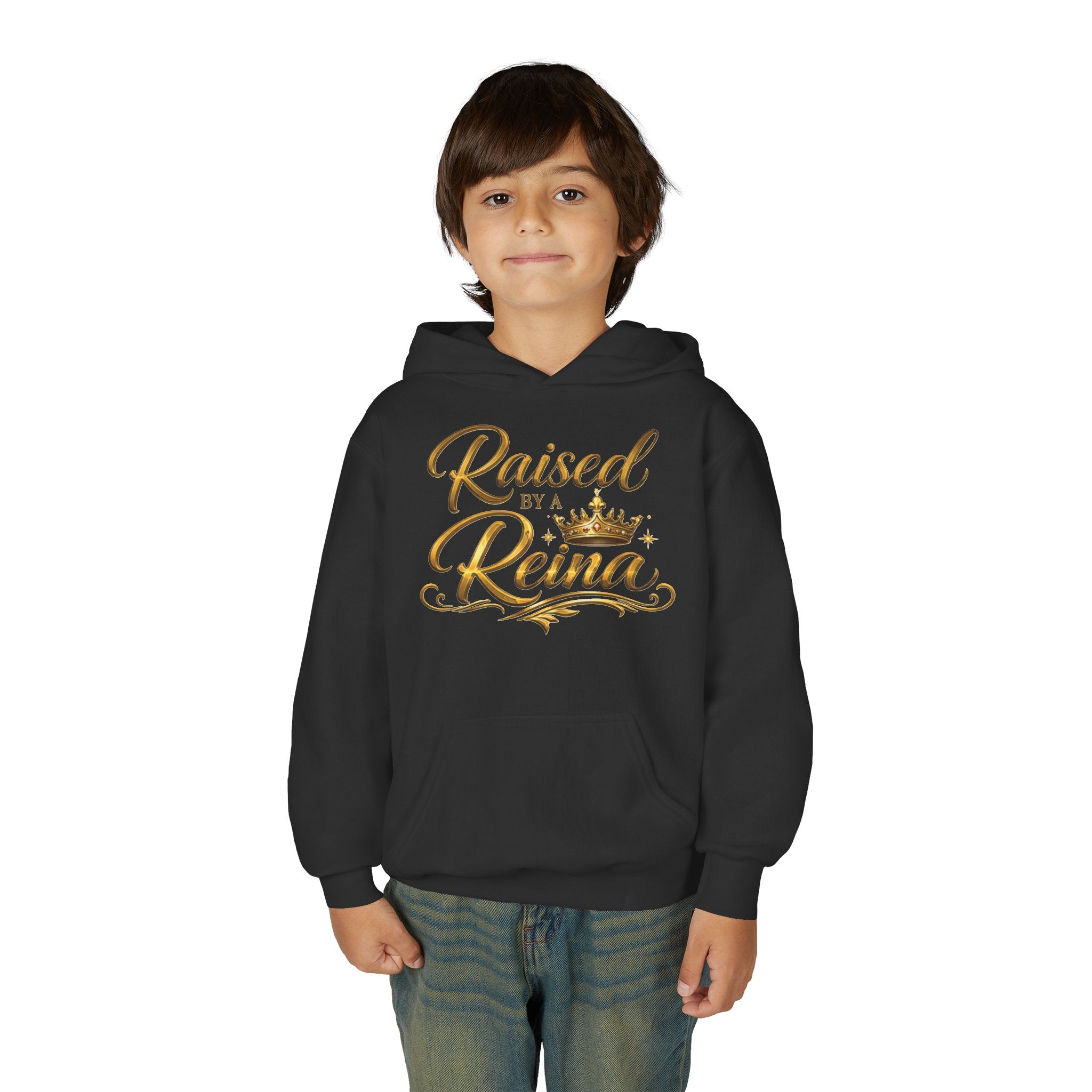 Youth Hoodie — "Raised by a Reina" Gold Script Kids Sweatshirt