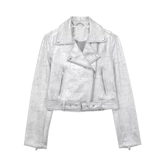 Silver Cropped Faux Leather Bomber Jacket