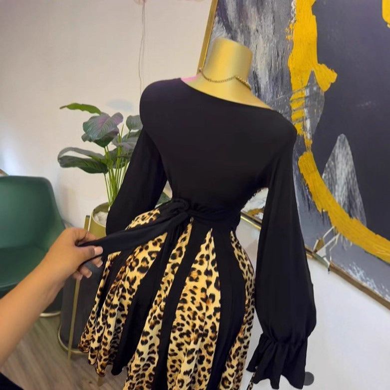 Leopard Print Long Sleeve Strapless Bodycon Dress