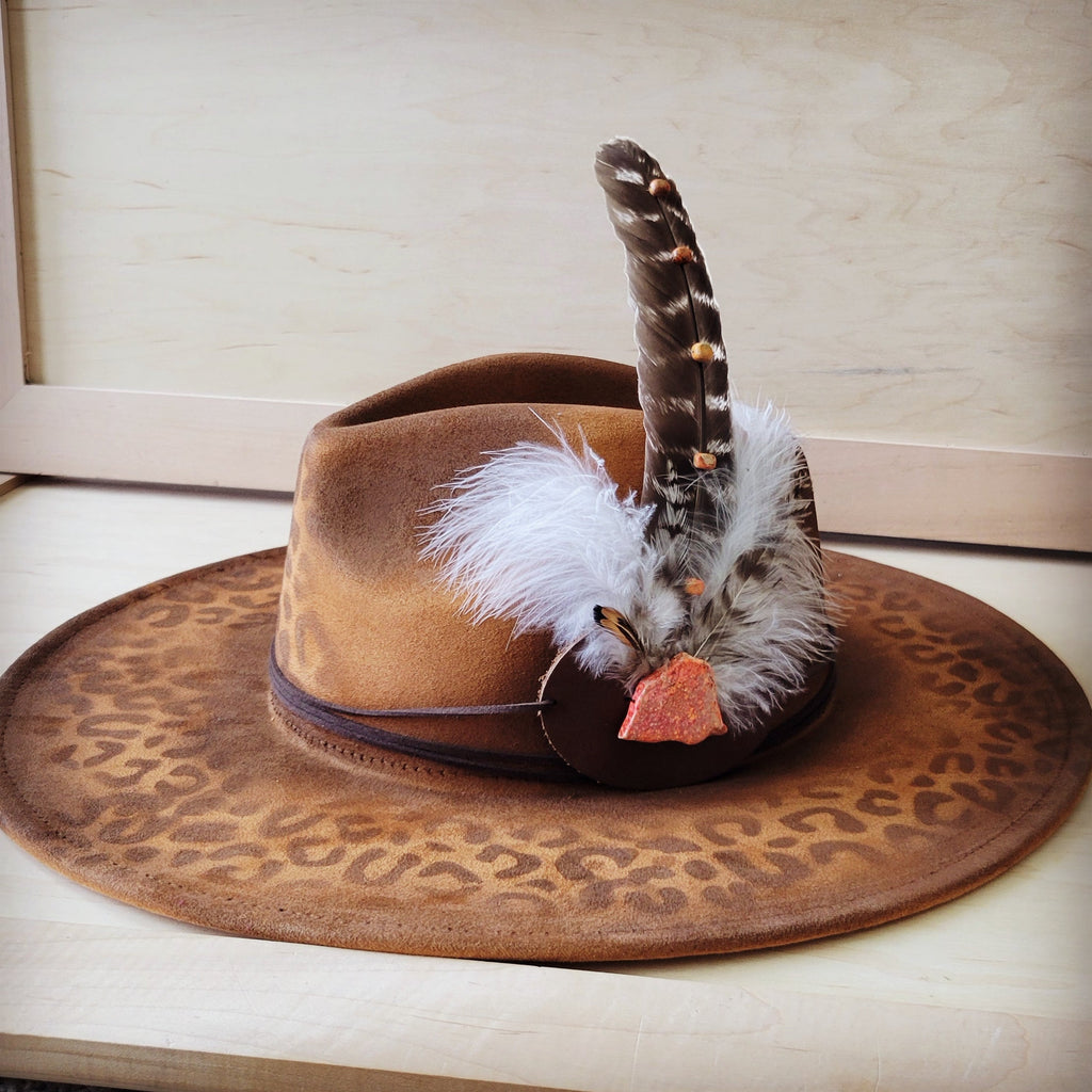 Hand-Painted Leopard Boho Western Cowgirl Hat & Band-Tan 987m