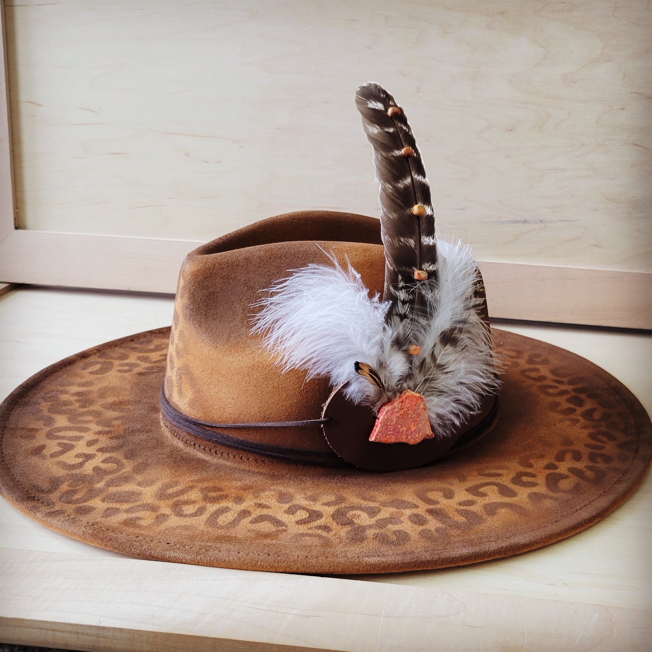 Hand-Painted Leopard Boho Western Cowgirl Hat & Band-Tan 987m