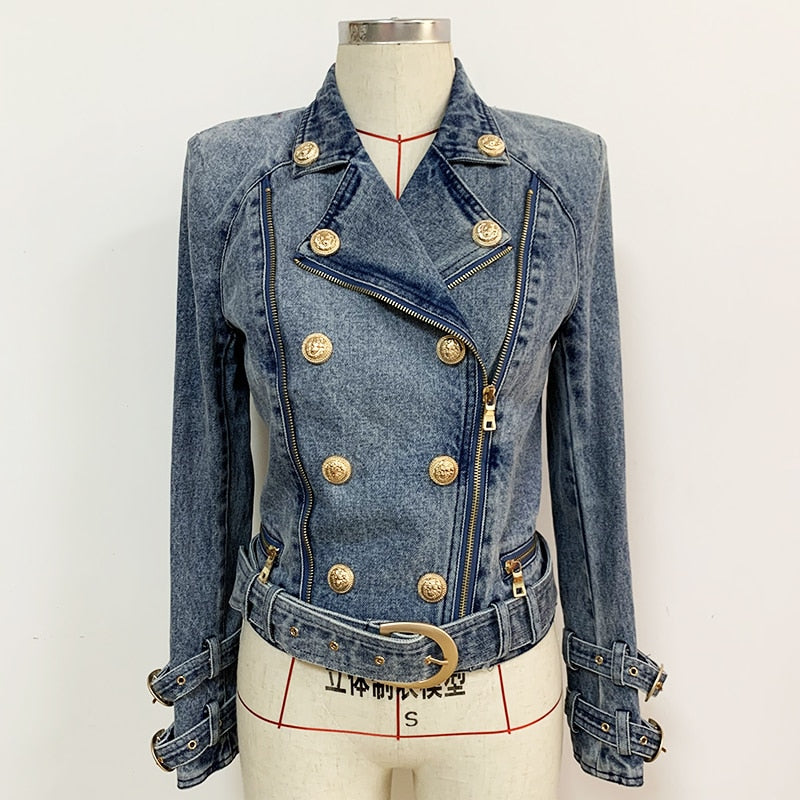 HIGH QUALITY Newest Designer Fashion Designer Jackets Women's Zippers Lion Buttons Biker Denim Motorcycle Jacket