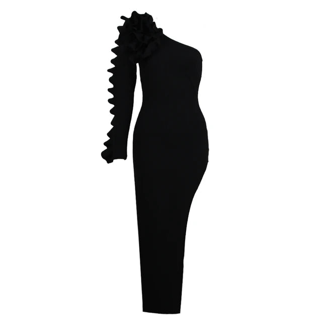 Black One-Shoulder Asymmetrical Maxi Dress