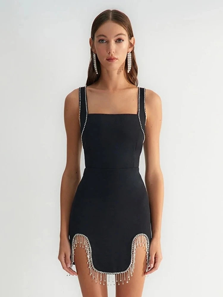 Crystal Fringe Asymmetric Mini Dress