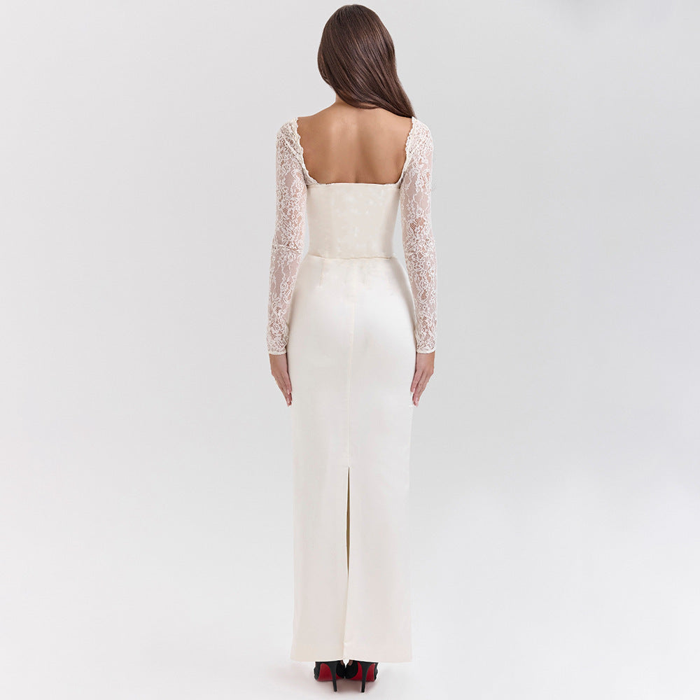 Sexy Lace Spliced Long Sleeve Bodycon Split Maxi Dress