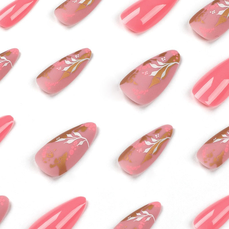 Pink Floral Gold-Foil Press-On Nails