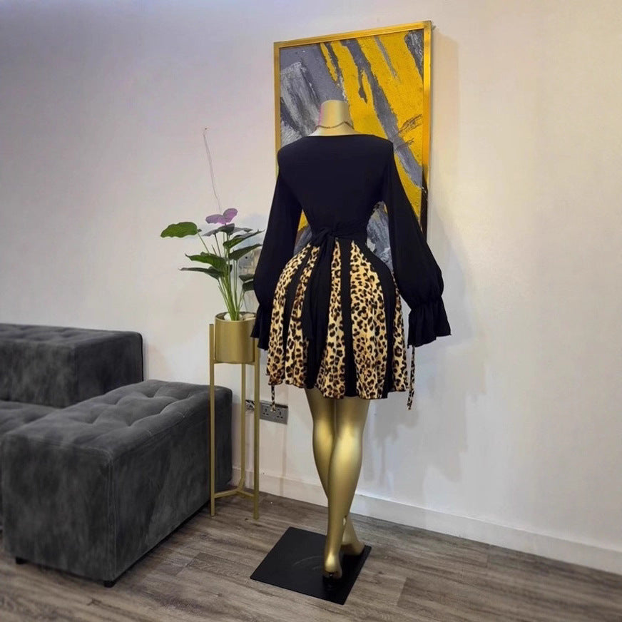 Leopard Print Long Sleeve Strapless Bodycon Dress