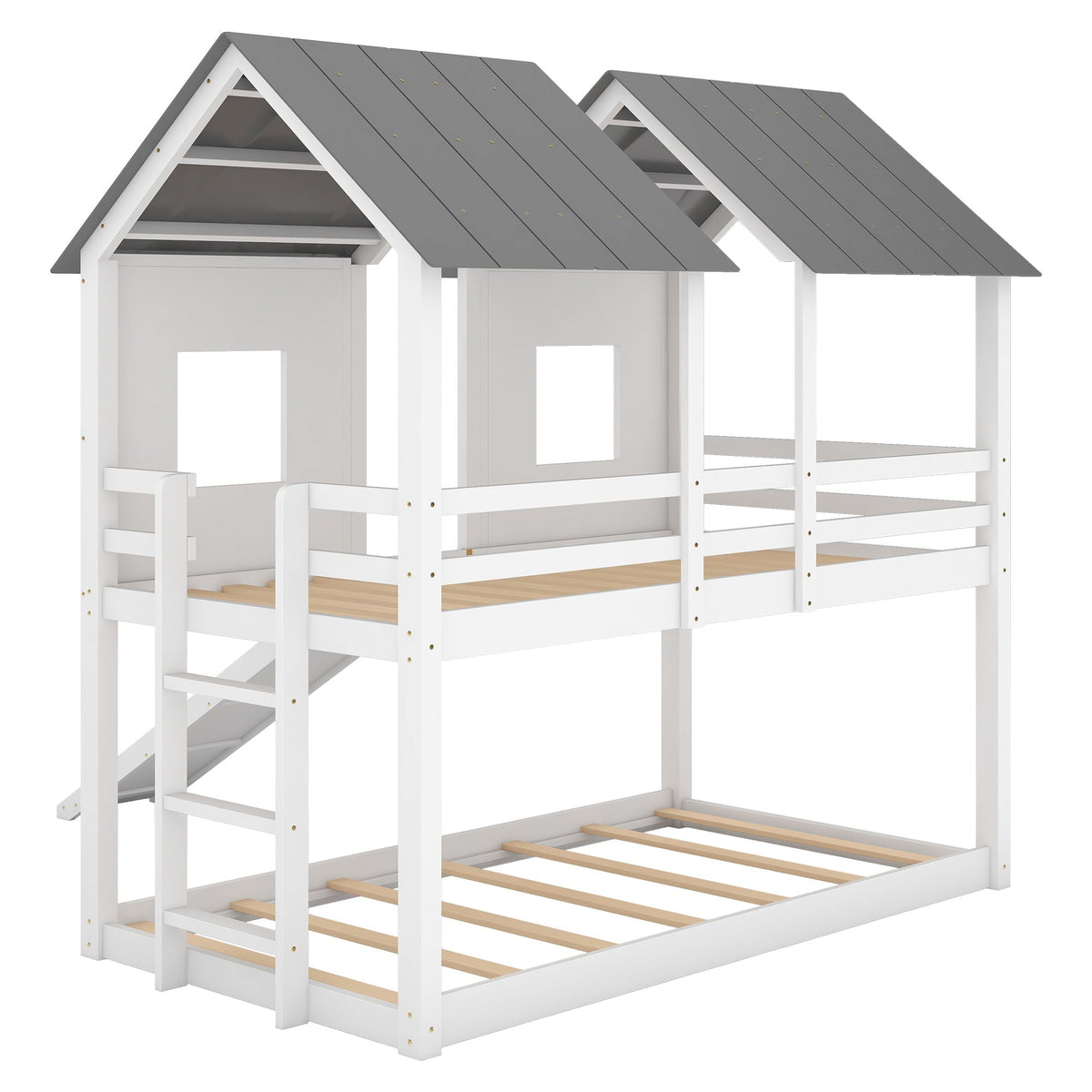 House Bunk Bed with Slide and Windows – Twin Over Twin in White/Gray