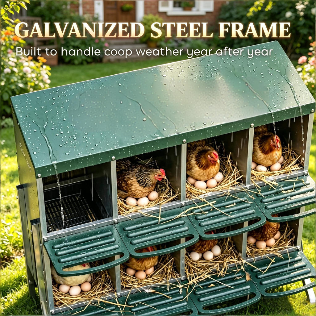 Metal Chicken Egg Laying Boxes with 8 Compartments and Waterproof Roof - Metallic