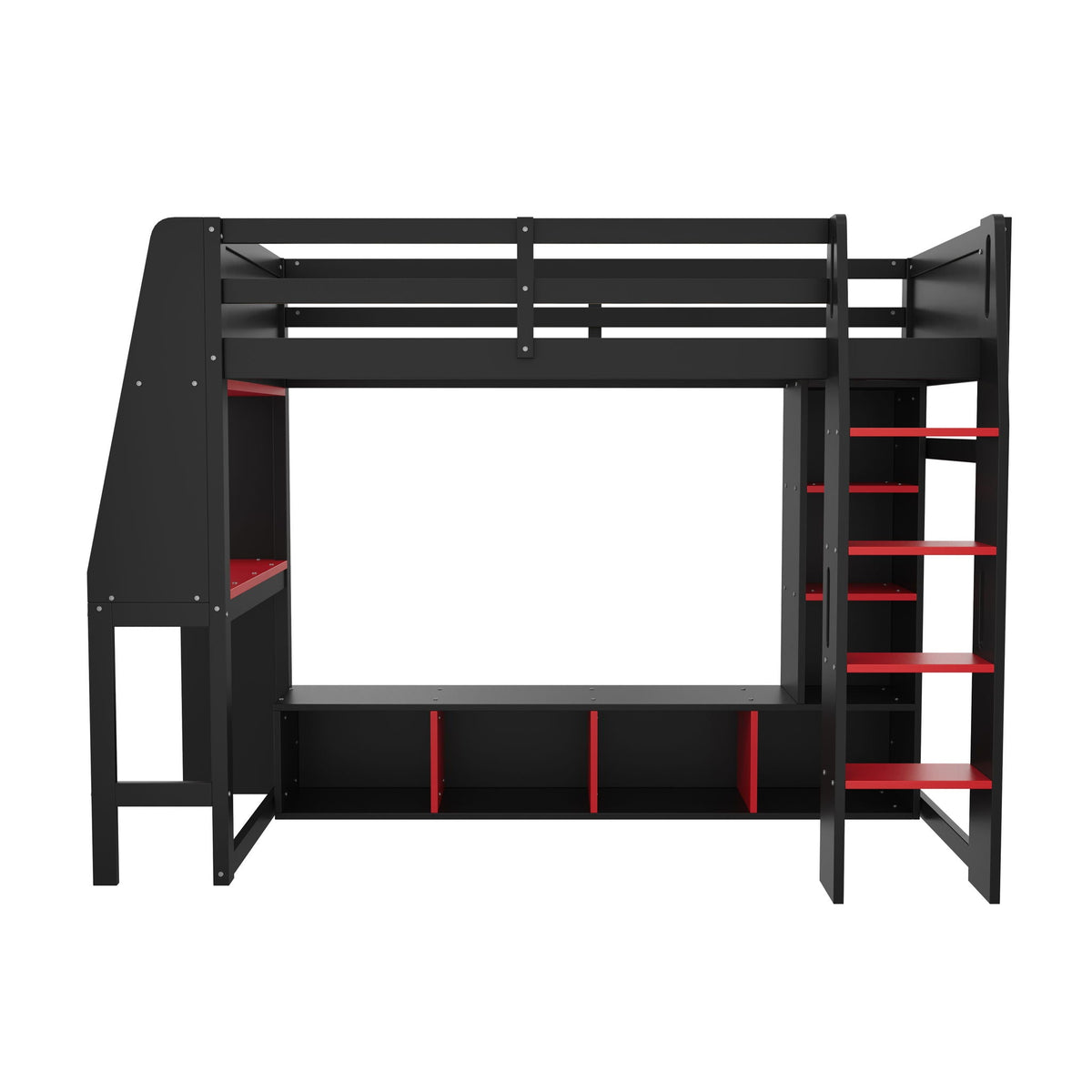 Gaming Loft Bed with Desk and Storage Shelves – LED Lighting – Black or Dark Gray