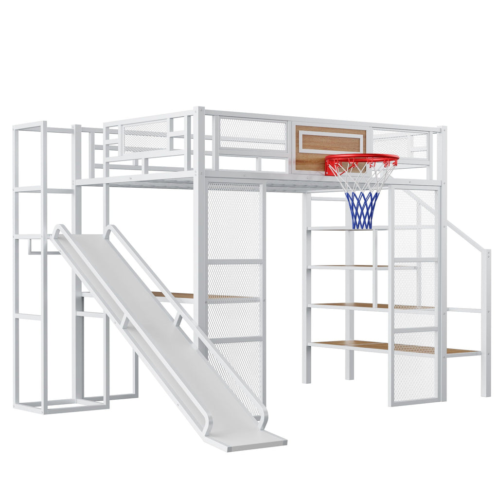 Full Loft Bed with Built-In Desk, Slide & Storage - Black or White