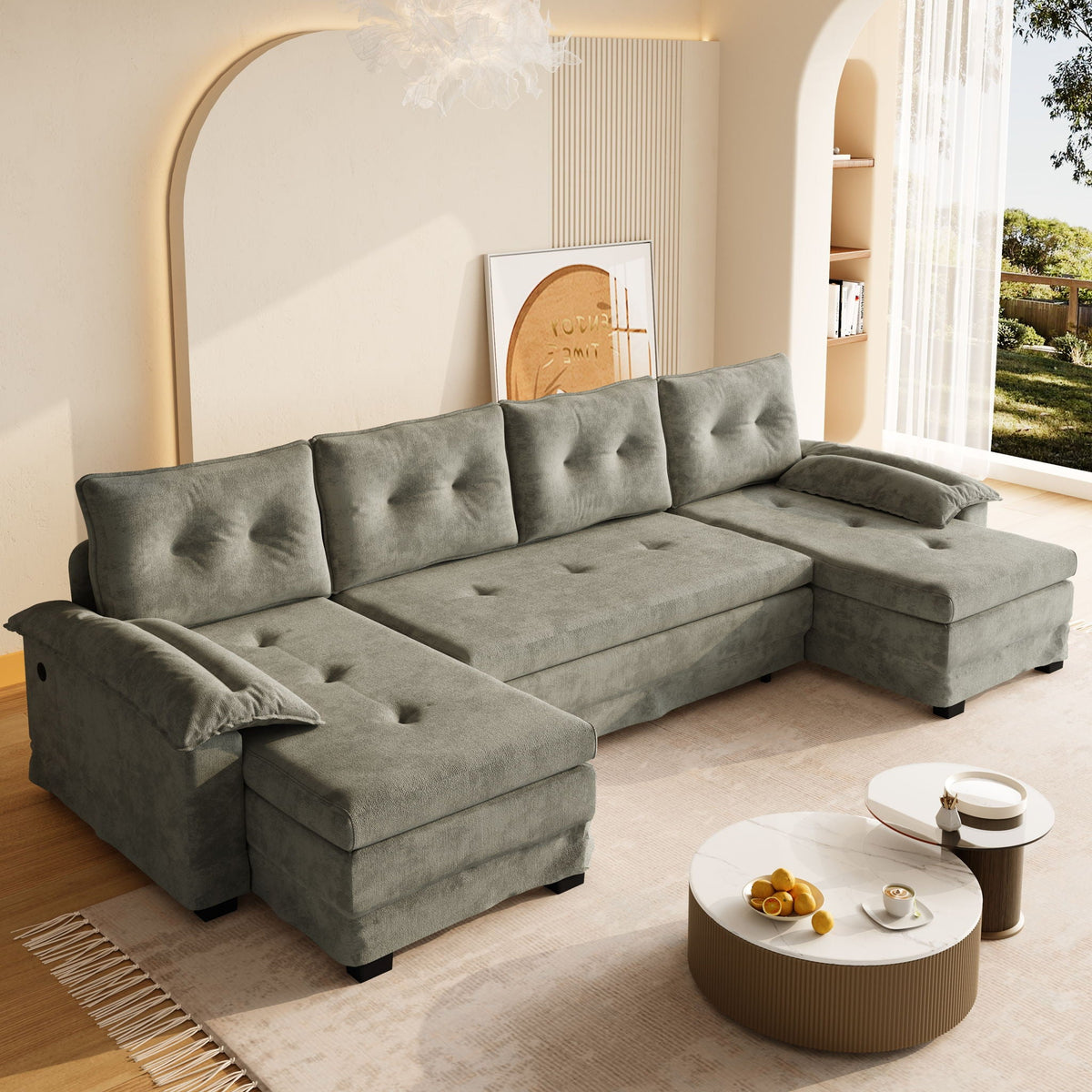 U-Shaped Sleeper Sectional with Pull Out Bed and USB Ports - Fabric
