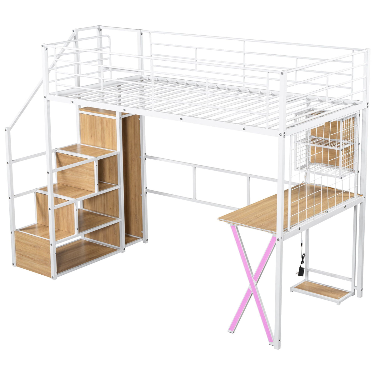 Loft Bed with Built-In Work Station, Wardrobe & Storage Staircase – White or Black