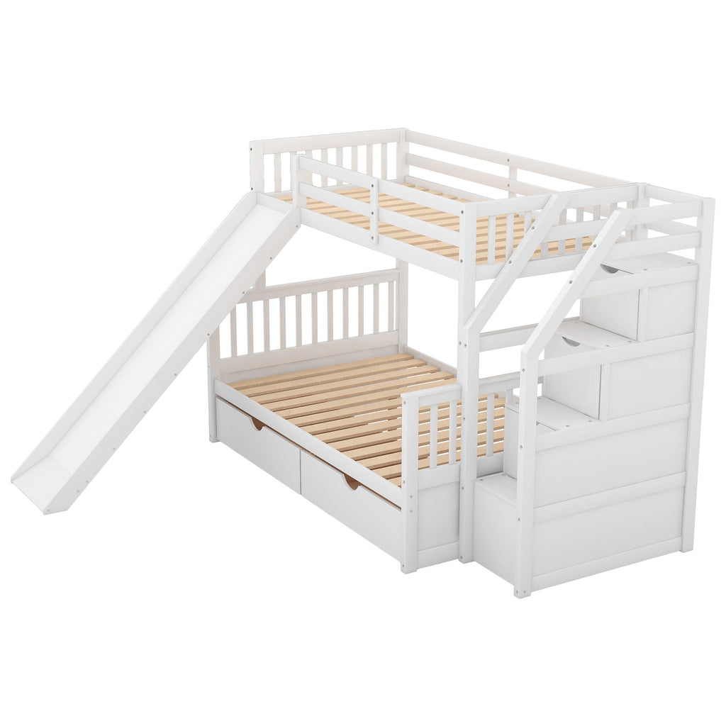 Bunk Bed with Storage Staircase, Slide & Desk - Twin or Full - Dark Gray or White