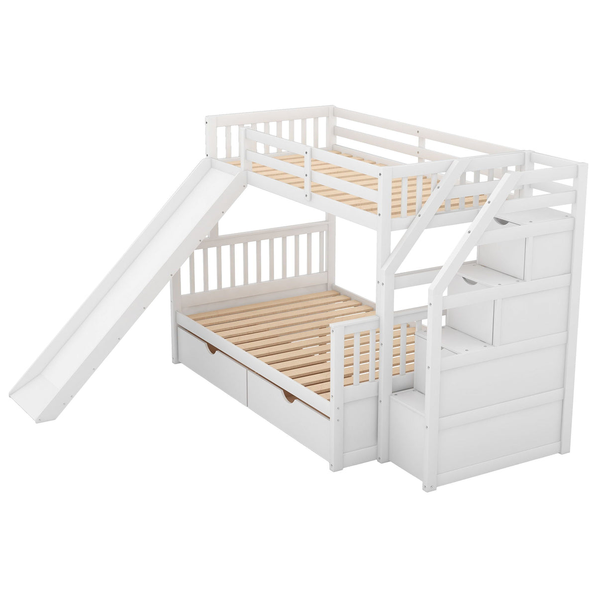 Bunk Bed with Storage Staircase, Slide & Desk - Twin or Full - Dark Gray or White