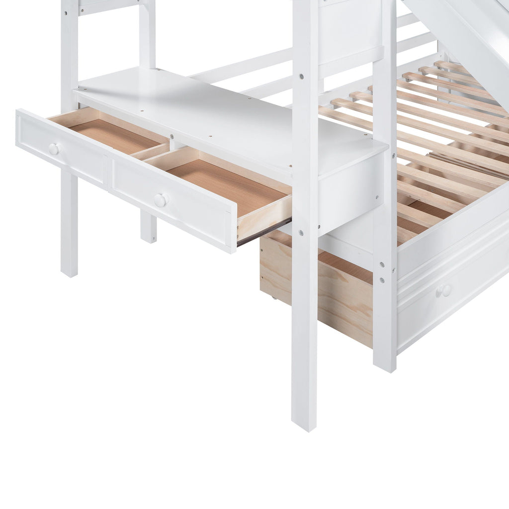Bunk Bed with Storage Staircase, Slide & Desk - Twin or Full - Dark Gray or White