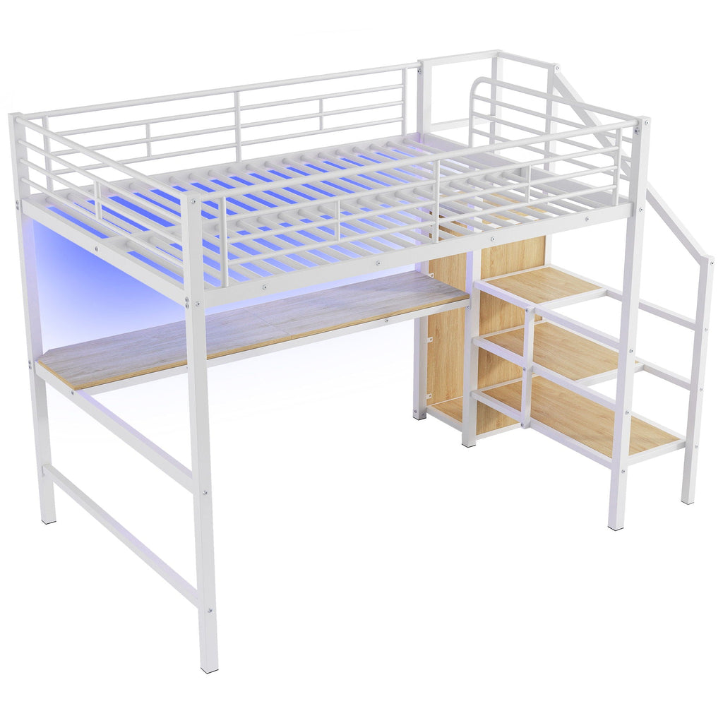 Full Size Loft Bed with Desk, Storage Staircase & Wardrobe - Black or White