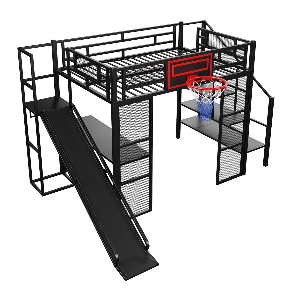 Full Loft Bed with Built-In Desk, Slide & Storage - Black or White