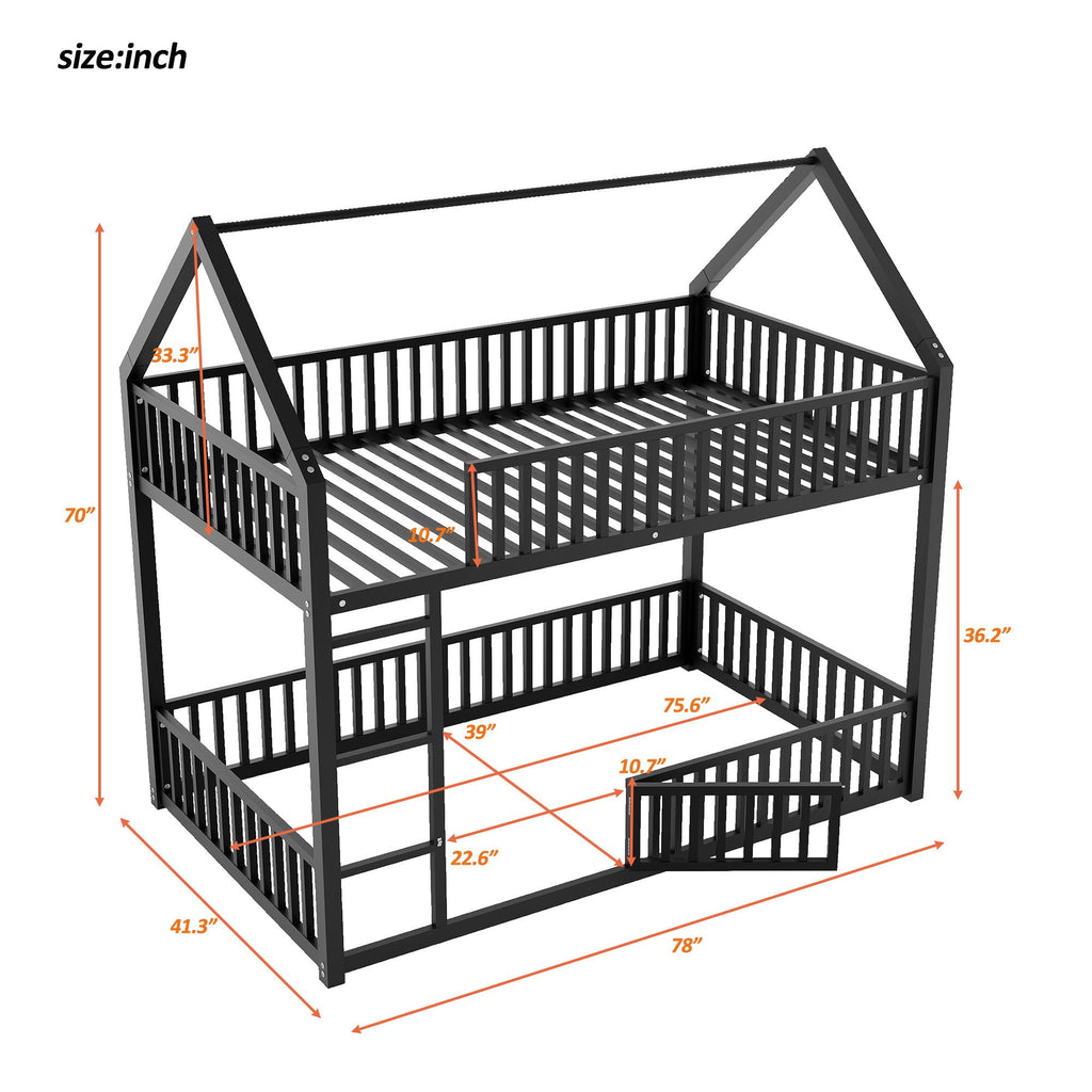 Metal House Bunk Bed with Fence and Door - Twin over Twin