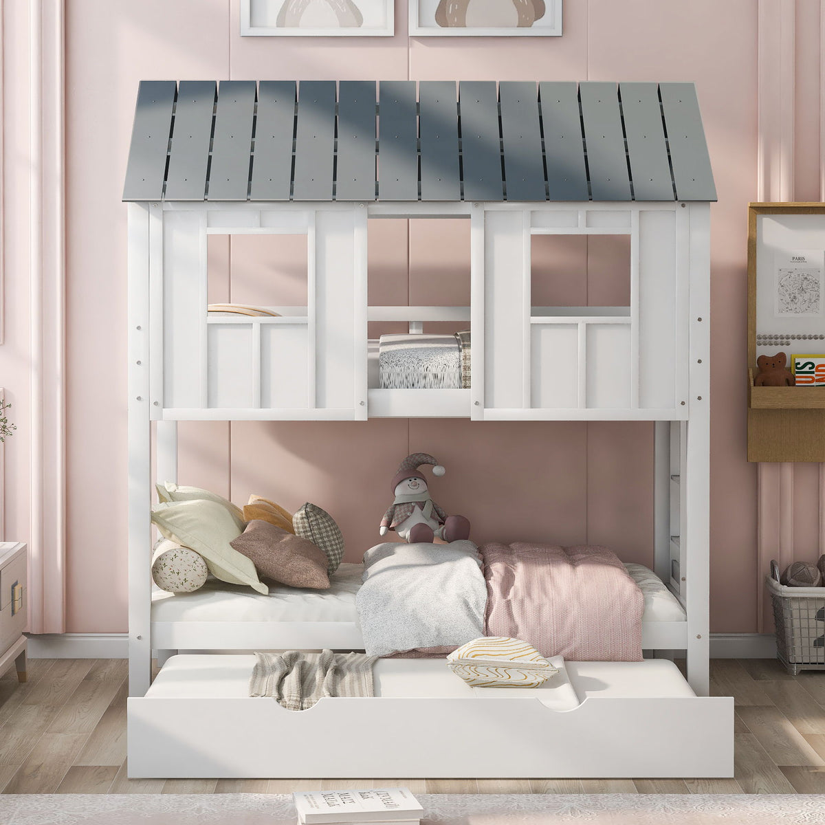 Twin Size House Bunk Bed with Trundle and Roof and Windows - White / Gray