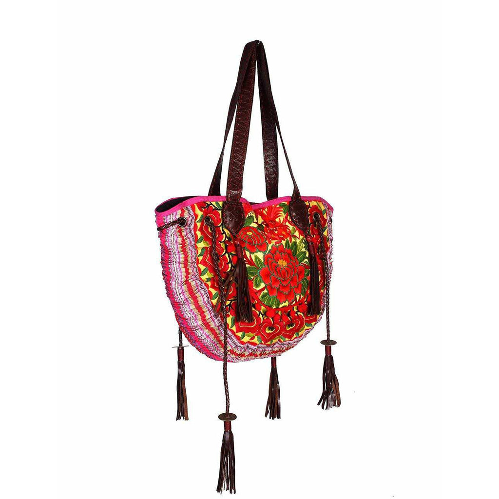 Vintage Hmong Leather Tote Artisan Handbag Fair Trade Luxury Boho Bag - Thailand