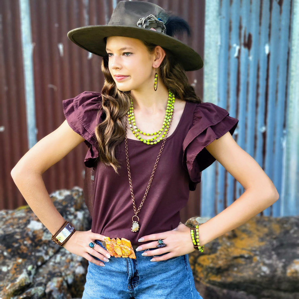 Hand-Painted Distressed Boho Western Cowgirl Hat & Band-Olive 987n