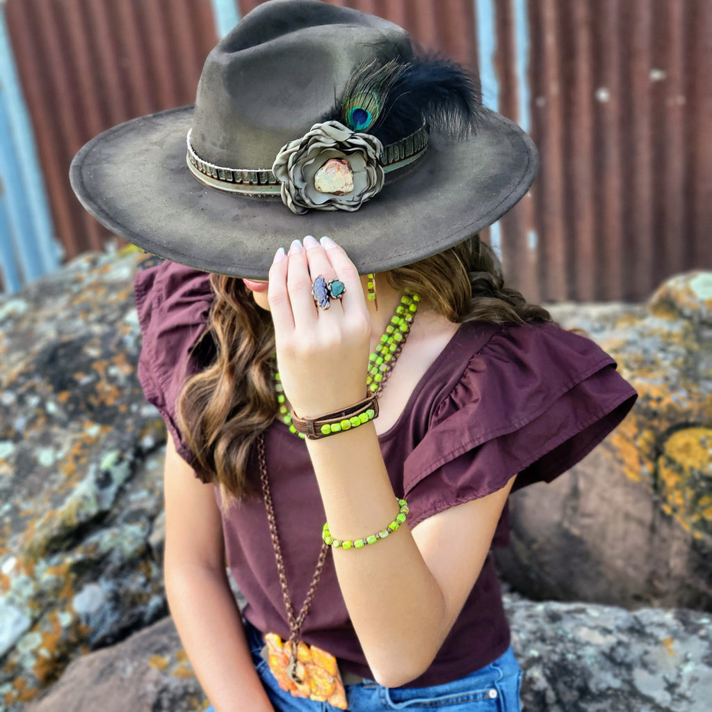 Hand-Painted Distressed Boho Western Cowgirl Hat & Band-Olive 987n
