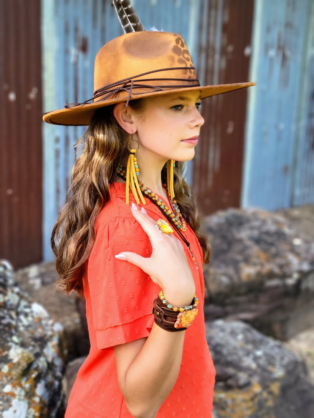 Hand-Painted Leopard Boho Western Cowgirl Hat & Band-Tan 987m