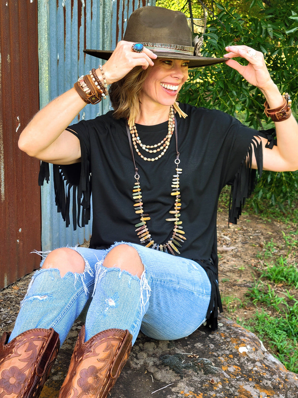 Hand-Painted Distressed Boho Western Cowgirl Hat & Band-Olive 987n