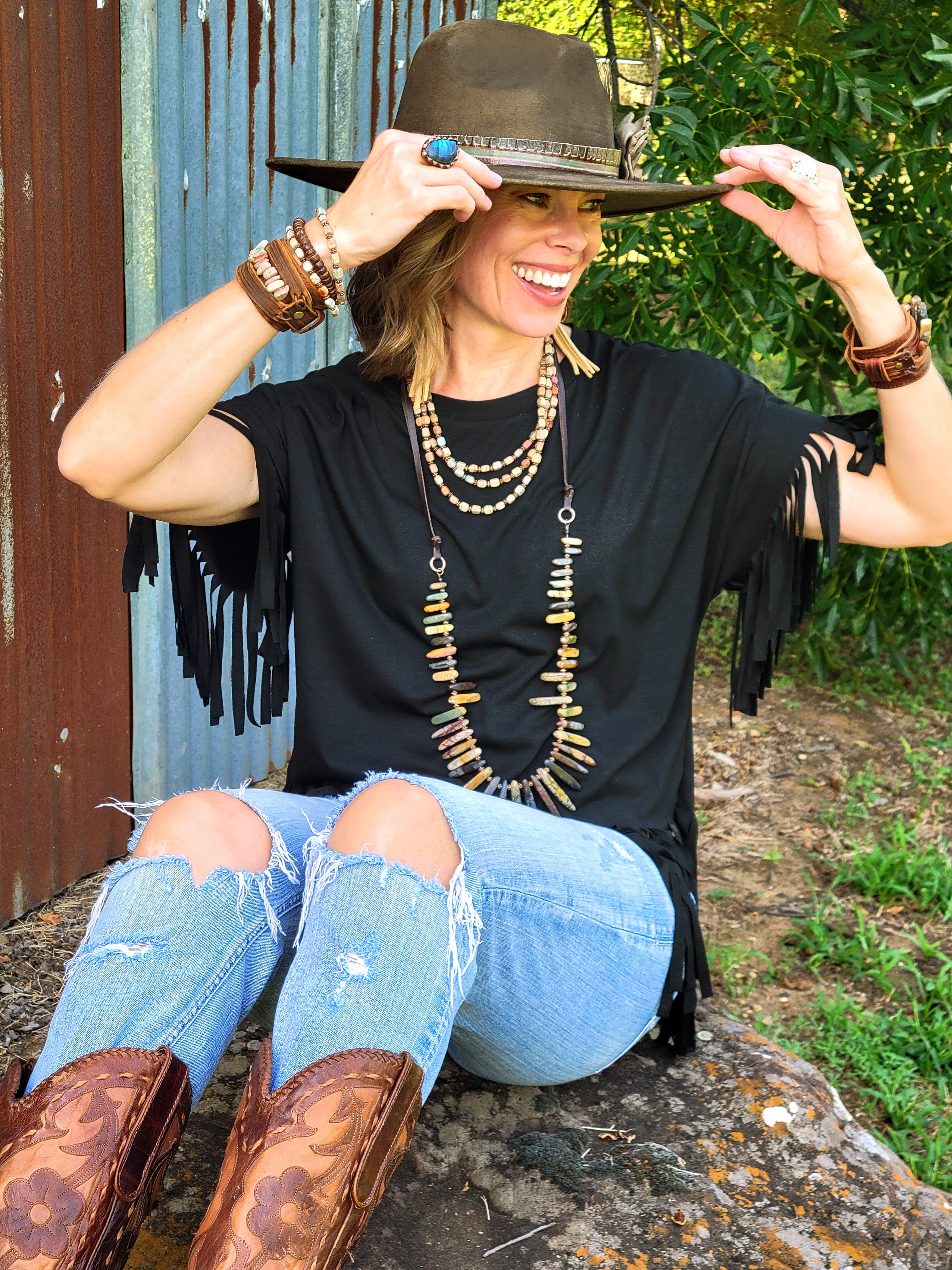 Hand-Painted Distressed Boho Western Cowgirl Hat & Band-Olive 987n