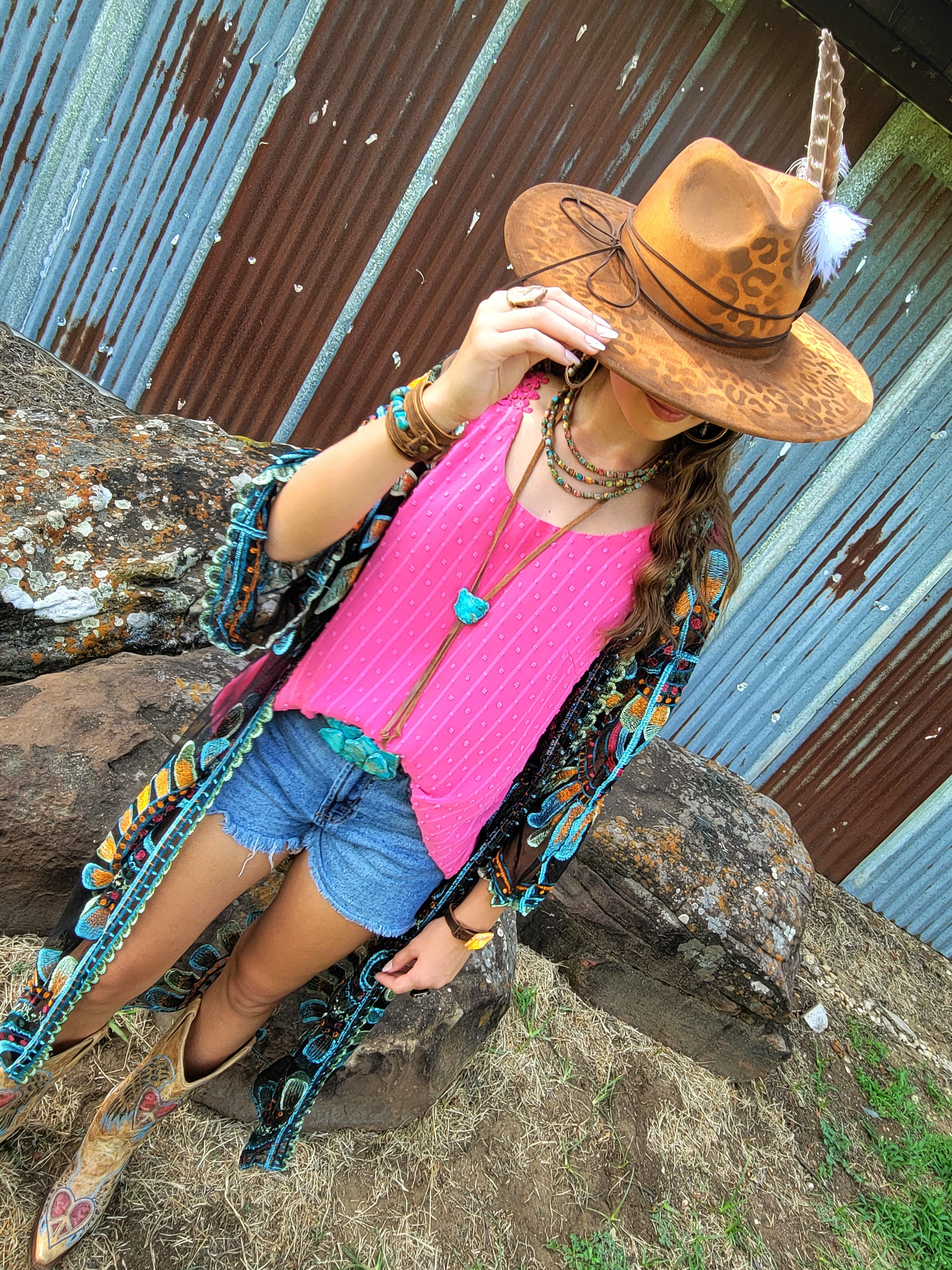 Hand-Painted Leopard Boho Western Cowgirl Hat & Band-Tan 987m