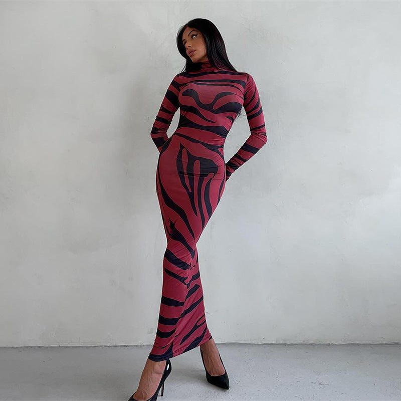 Leopard Print Long Sleeve Semi-High Neck Fitted Bodycon Dress