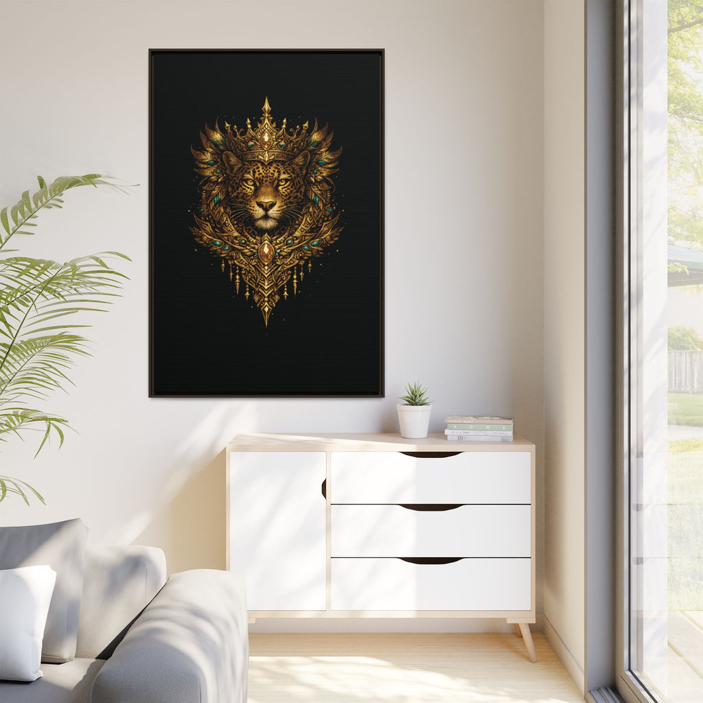 Golden Crowned Jaguar Canvas Art — Gold Crowned Lion Matte Framed Print
