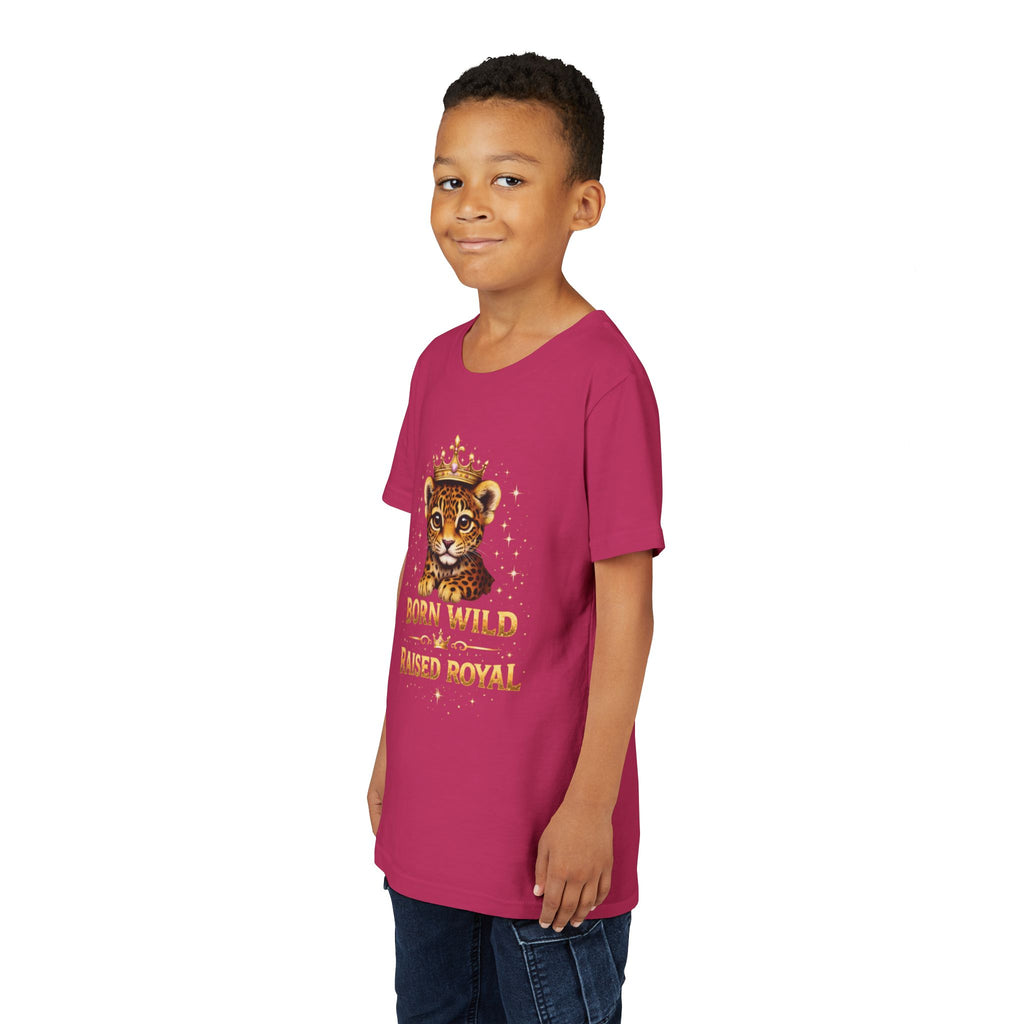 Youth Tee — "Born Wild Raised Royal" Crowned Jaguar Cub Kids T-Shirt