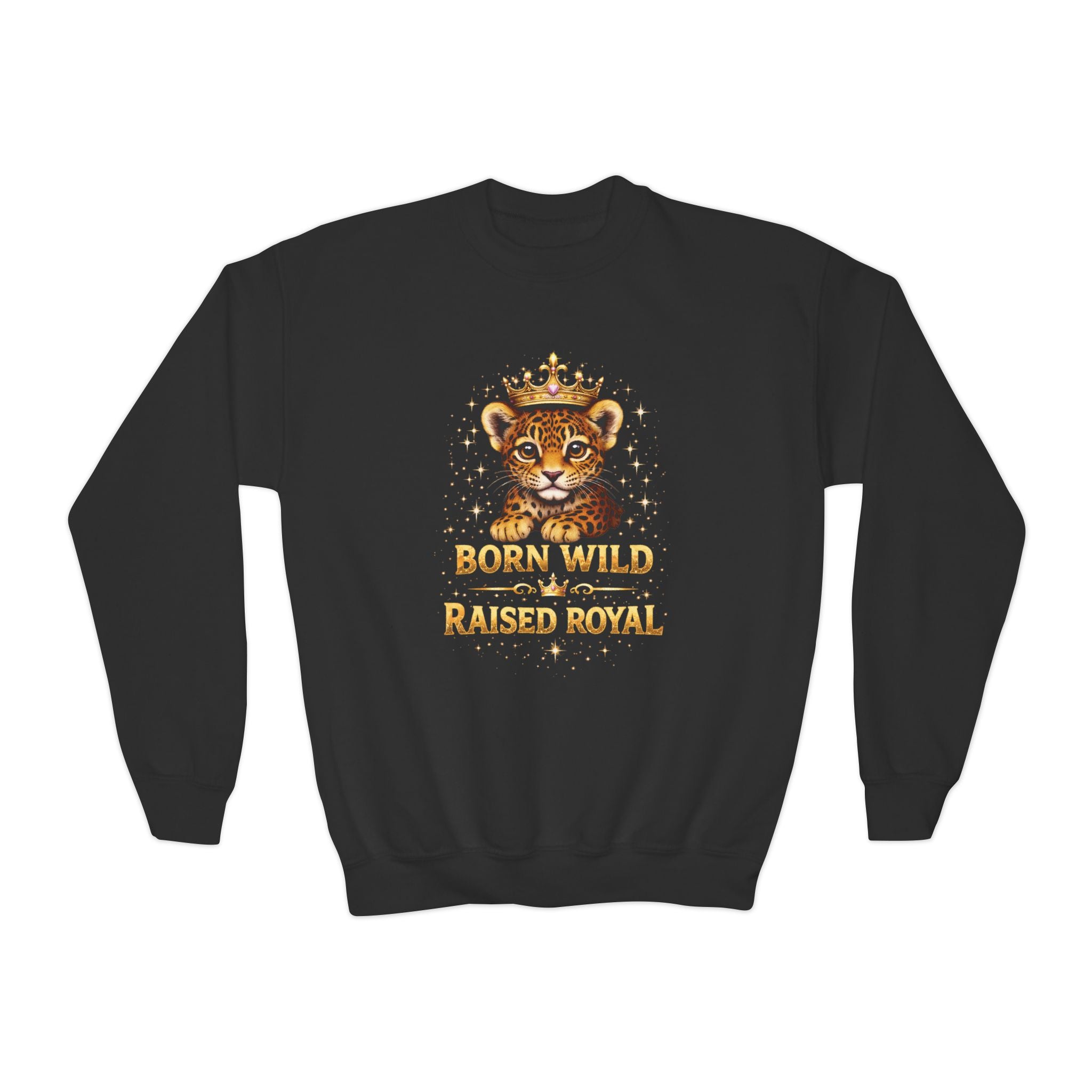 Youth Crewneck Sweatshirt — "Born Wild Raised Royal" Jaguar Cub Graphic