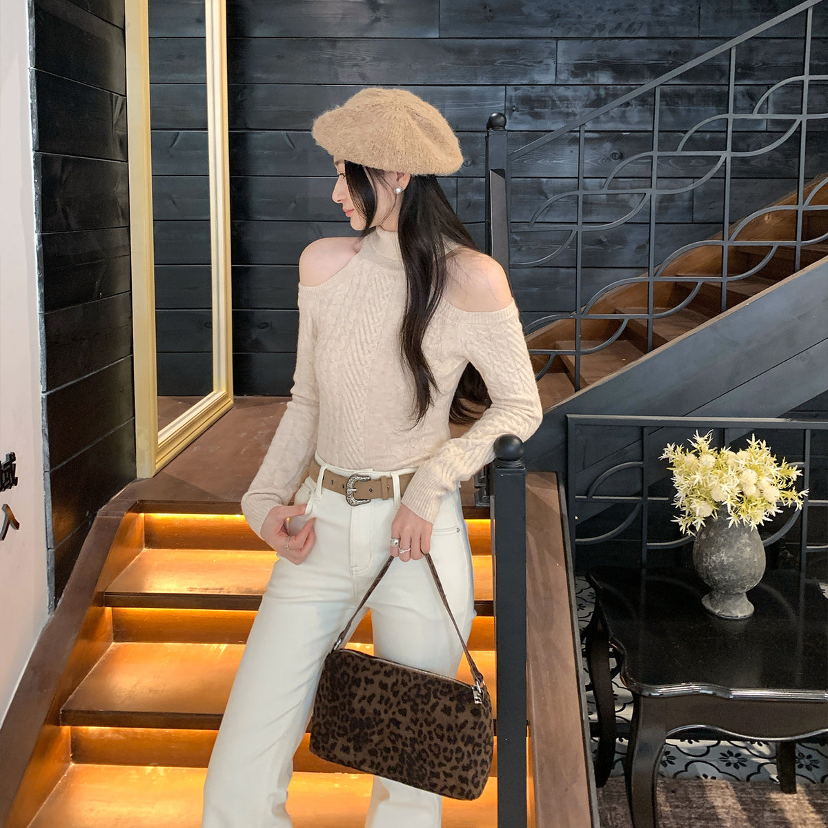 Sculpted Off-Shoulder High-Neck Sweater