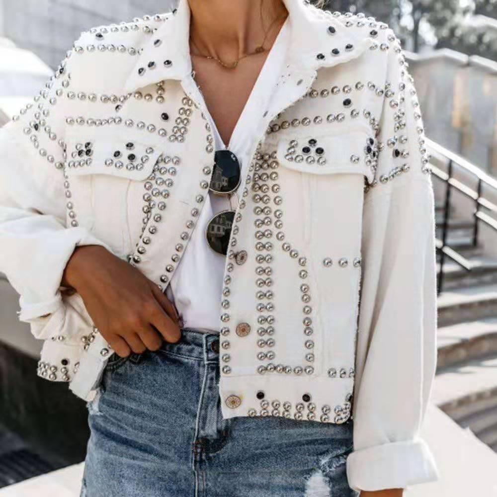 Studded Cropped Denim Moto Jacket